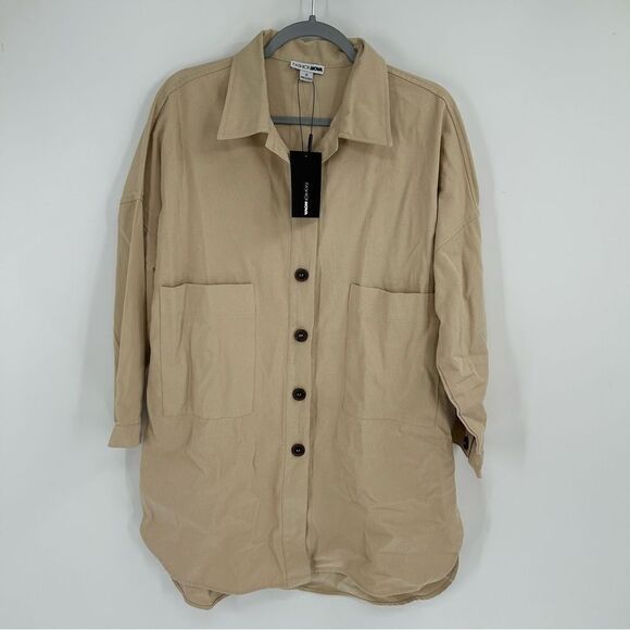 Fashion Nova Daleyza Button Up Long Sleeve Tan Beige Shacket NWT Small - Picture 3 of 8